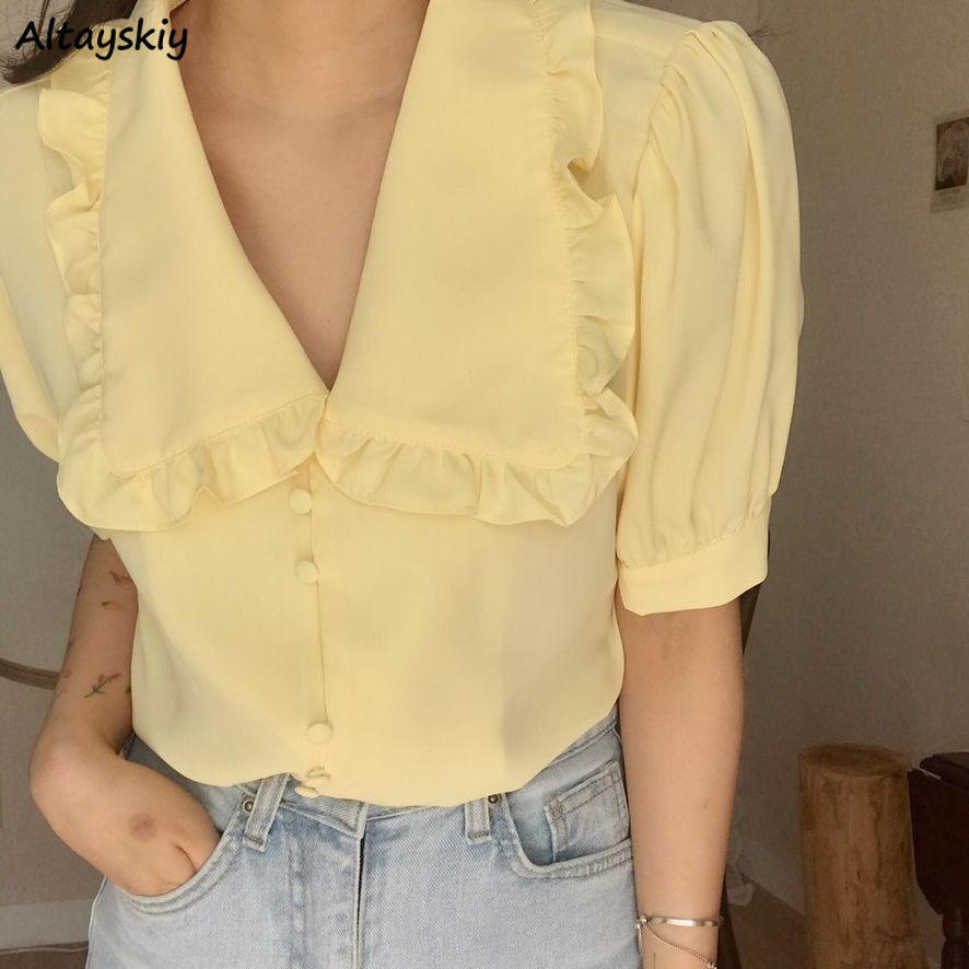 Women Blouses Solid Ruffles Sw - Summer Clothing Teens review and price