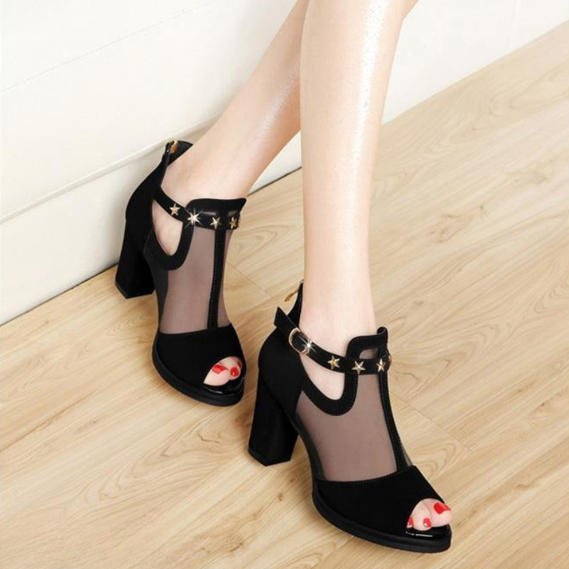 Mesh Peep Toe Block High Heels - Summer Clothing Office review and price