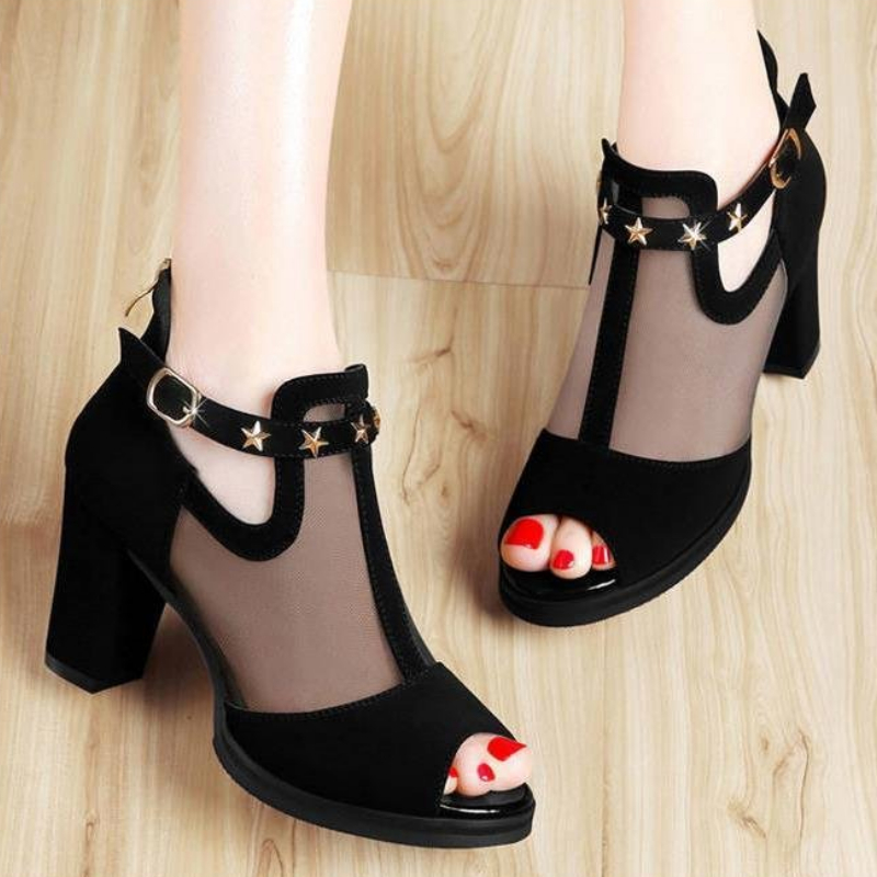Mesh Peep Toe Block High Heels - Summer Clothing Office review and price