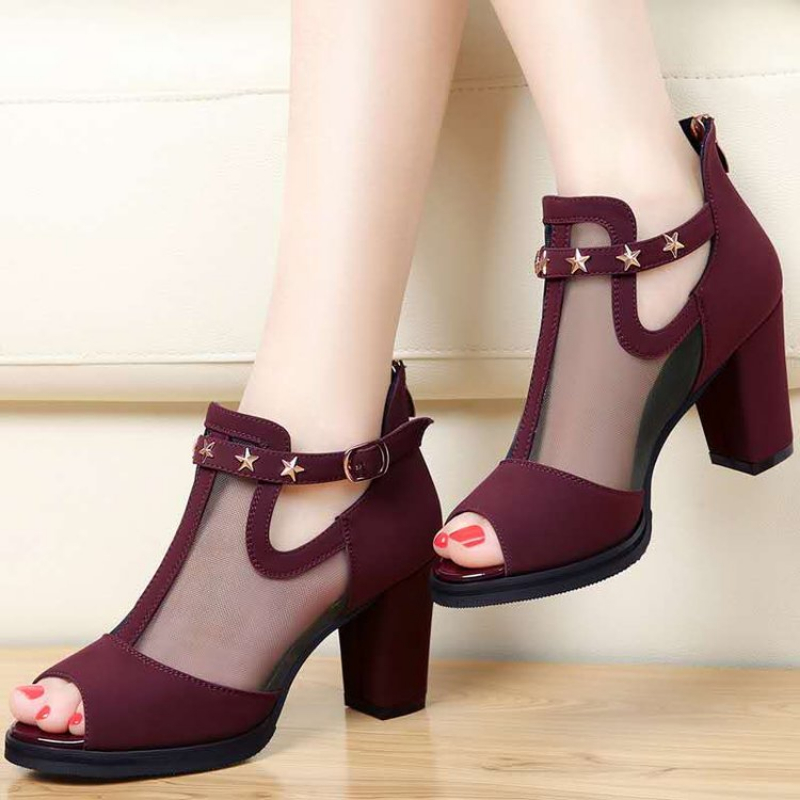 Mesh Peep Toe Block High Heels - Summer Clothing Office review and price